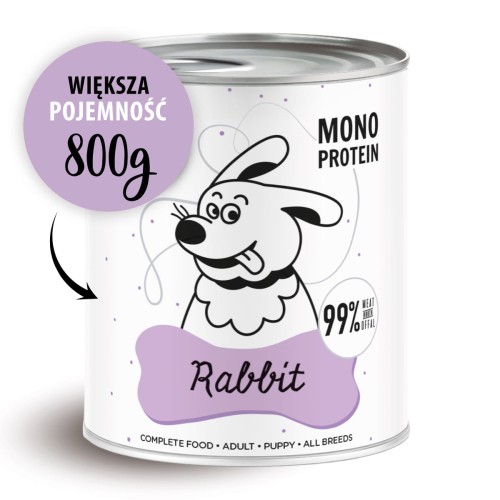Puszka karmy dla psów z grafiką psa i napisem 'Rabbit' na białym tle.