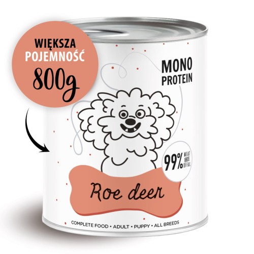 Puszka karmy dla psów o pojemności 800g z wizerunkiem psa i napisem 'Roe deer'.