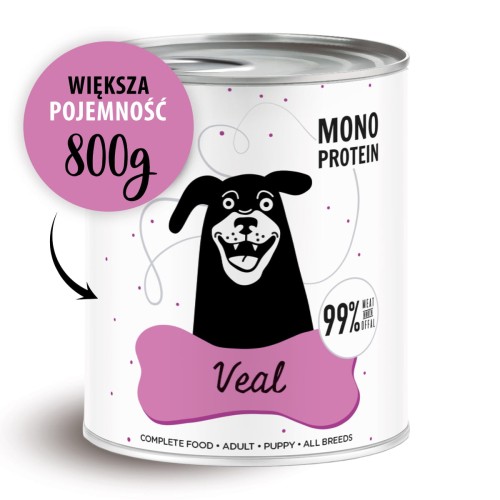 Puszka karmy dla psów z cielęciną, zawierająca 99% mięsa, z grafiką psa na etykiecie.