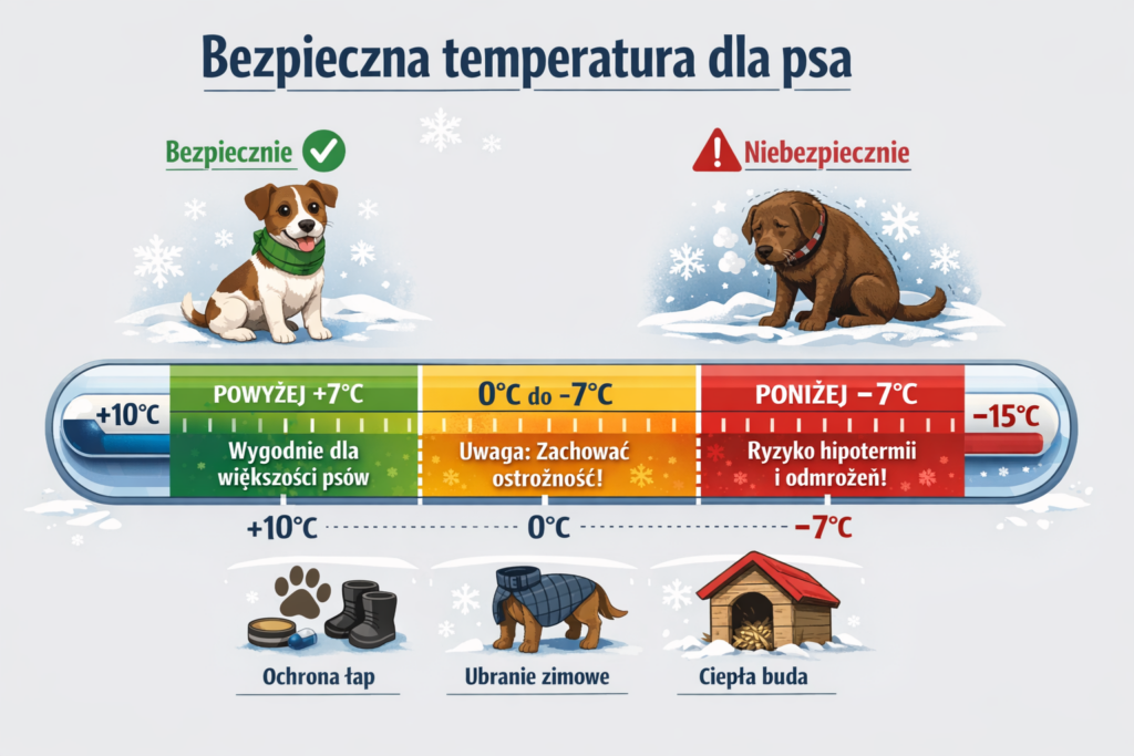 Infografika pokazująca bezpieczne i niebezpieczne temperatury dla psa w zimie, wraz z poradami dotyczącymi ubrań i budy.